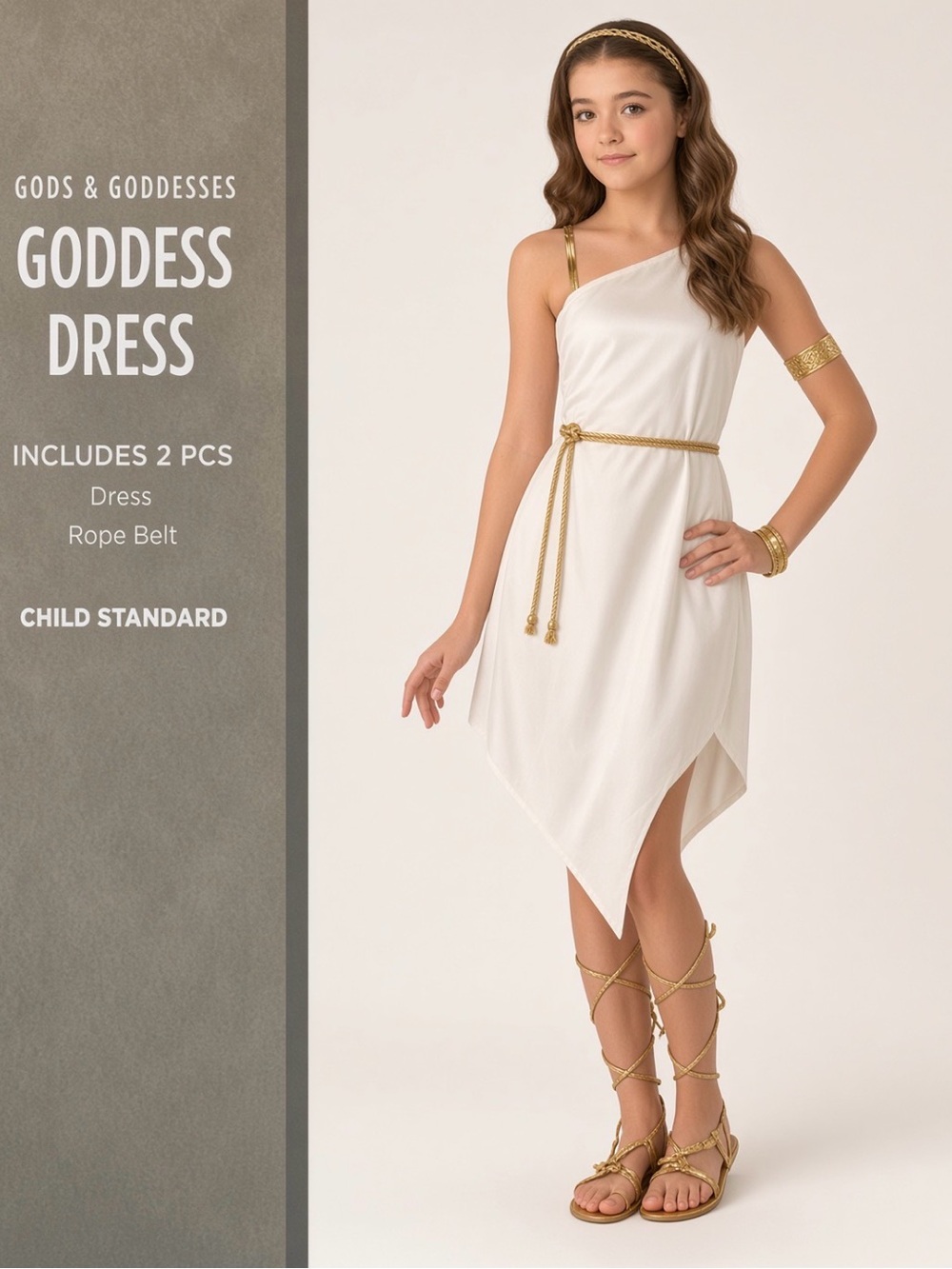 Goddess Dress Child Standard Greek Costume Gold Belt with crown
